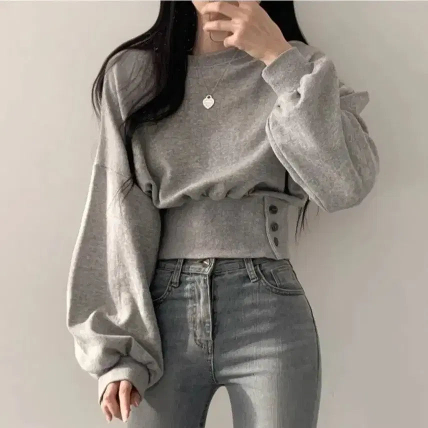 [BUNJANG] Puff Sleeve Cropped Sweatshirt / 퍼프  크롭 맨투맨(프리사이즈)
