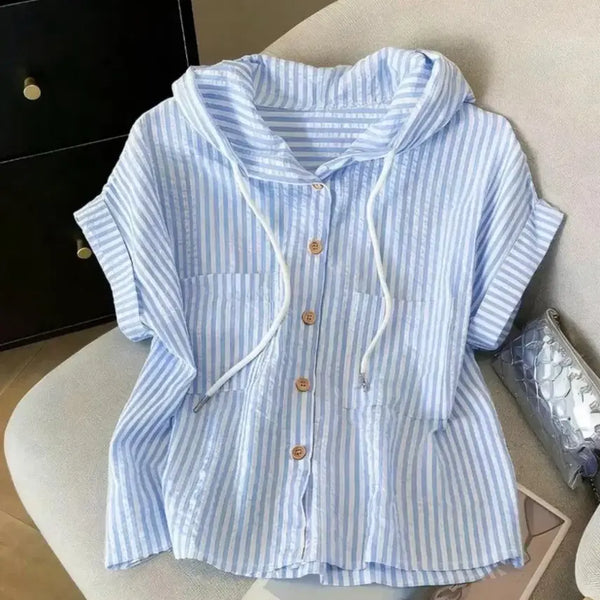 [BUNJANG] Striped Hooded Short-Sleeve Shirt / 새상품 스트라이프 후드 반팔 셔츠 하늘
