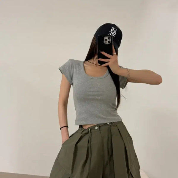 [BUNJANG] Basic Short Sleeve U-Neck Padded T-Shirt (Brown, Gray) / 새상품 반팔 유넥 패드 티(브라운,그레이)