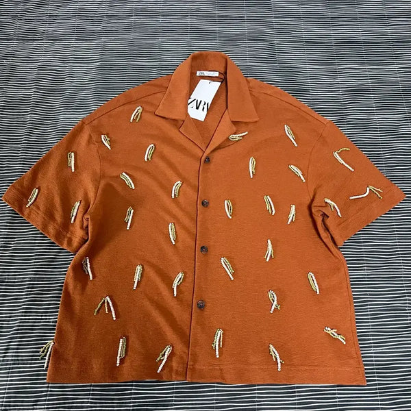 [BUNJANG] ZARA Beaded Jacquard Short Sleeve Shirt (New) / 자라 ZARA 비즈 자카드 셔츠 (새상품)