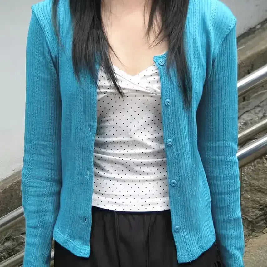 [BUNJANG] Abley Vicky Punching Slim Fit Cardigan / 새상품) 에이블리 비키 펀칭 슬림핏 가디건 청록색 청색 y2k 무신사