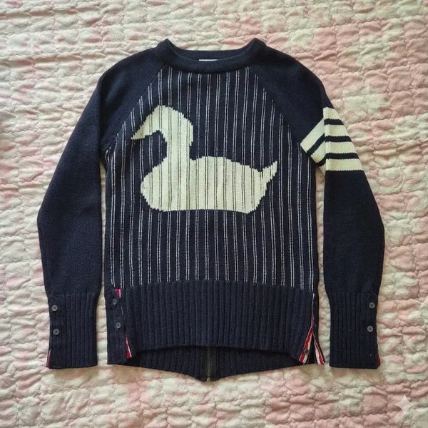 [BUNJANG] Thom Browne Back Zip Duck Pattern Knit Zip-Up Cardigan Navy Size 2 / 톰브라운 백지퍼 덕패턴 니트 집업 가디건 네이비 2사이즈
