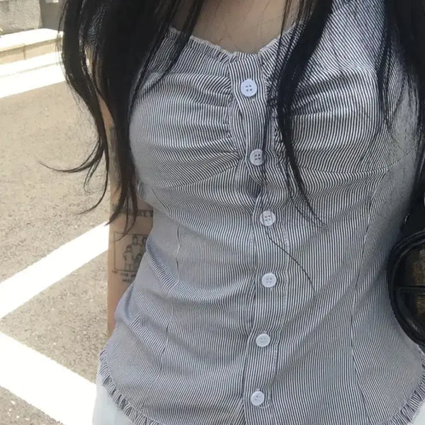 [BUNJANG] Ably Harper Blue Stripe Shirring Blouse Slim Fit Summer Short Sleeve / 급처) 에이블리 하퍼 블루 스트라이프 셔링 블라우스 슬림핏 여름 반팔