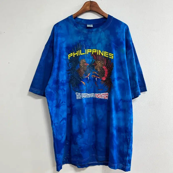 [BUNJANG] Blue Tie-Dye T-Shirt with Philippine Cockfighting Print / 필리핀 닭싸움 타이다이 티셔츠 블루