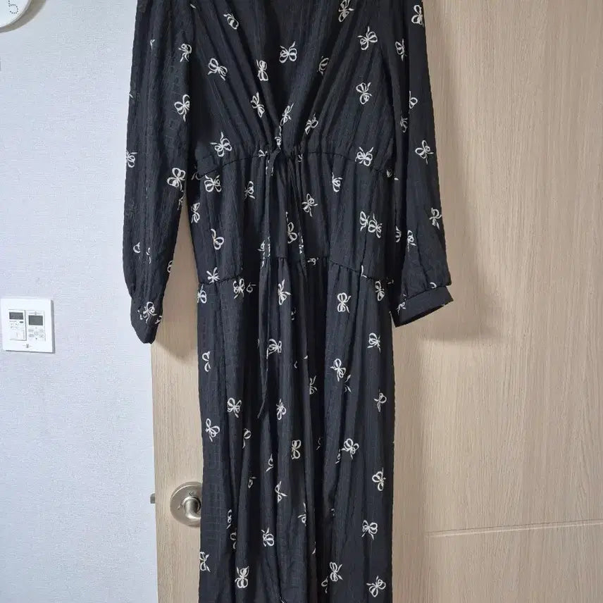 [BUNJANG] Ribbon Pattern Long Dress Black / 리본 패턴 롱 원피스 블랙