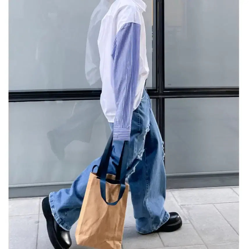 [BUNJANG] Oversized Striped Shirt / 오버핏 스트라이프 화/블 배색 셔츠