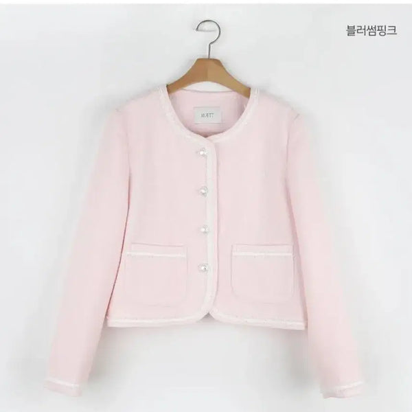 [BUNJANG] Pink Tweed Jacket with White Line Detail / 연핑크 트위드 자켓