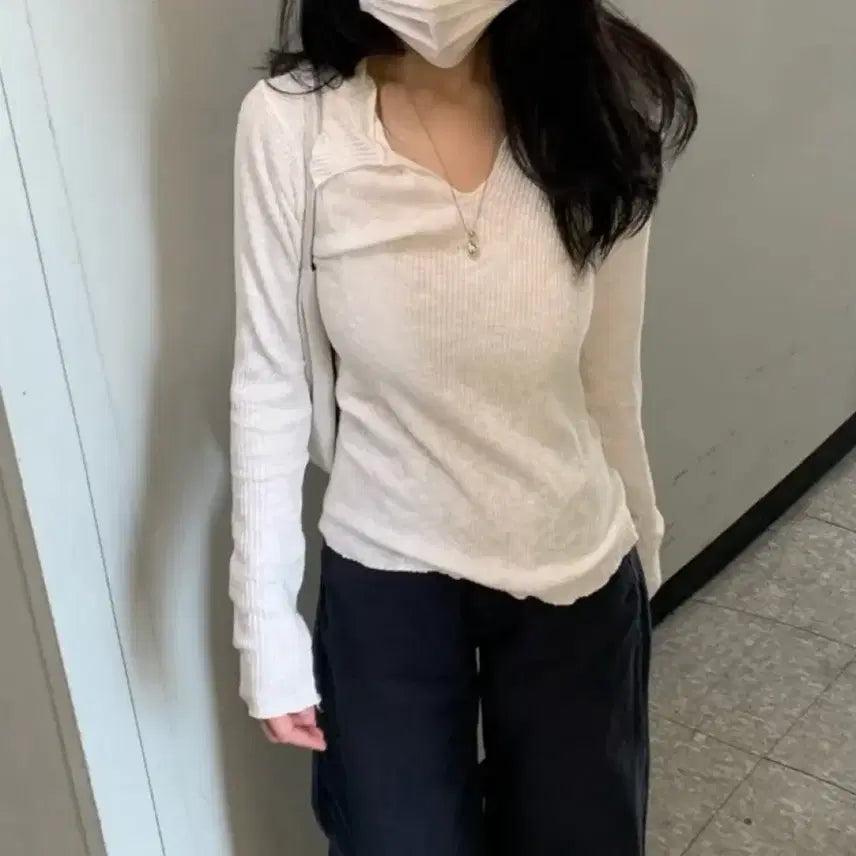 [BUNJANG] How Are You Wavy Collar Ribbed Long Sleeve T-Shirt / 하우유 물결 카라 티셔츠 골지 긴팔