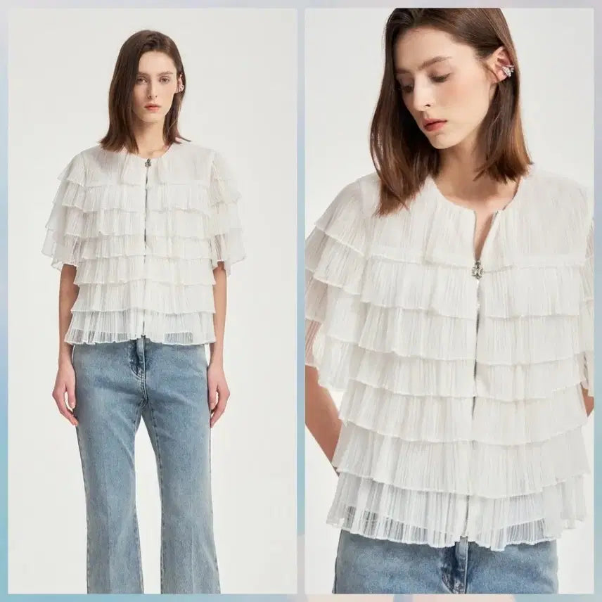 [BUNJANG] Obzee Tiered Pleats Zip-Up Blouse / 오브제 티어드 플리츠 집업 블라우스