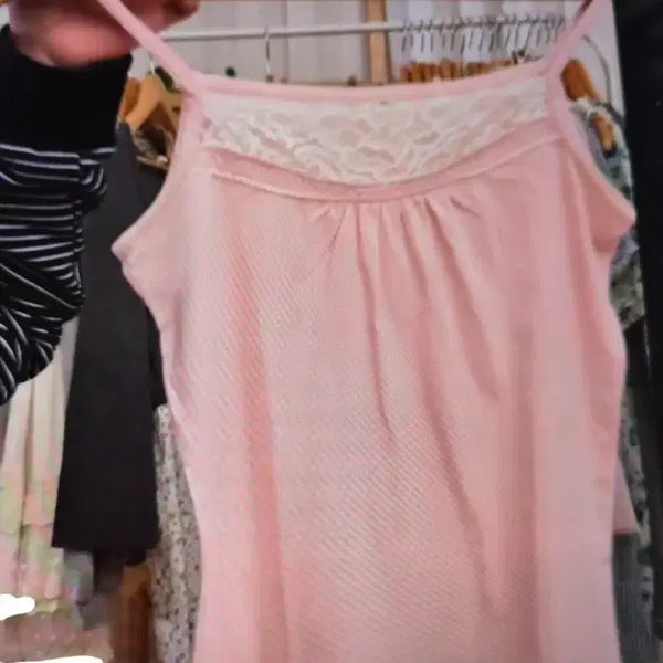 [BUNJANG] Vintage Mori-girl Baby Pink Lace Shirring Camisole / 빈티지 모리걸 하구미 갸루 모리노가토 레이스 셔링 베이비 핑크 나시