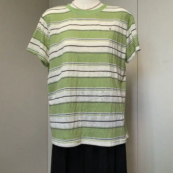 [BUNJANG] Vintage Green Stripe Short Sleeve T-Shirt / 빈티지 그린 스트라이프 반팔 티셔츠