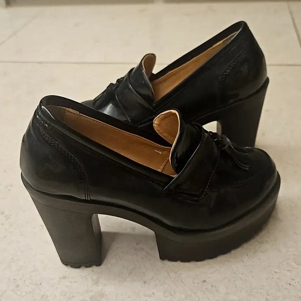 [BUNJANG] Black Patent Leather Chunky Platform Loafers (Unused) / (미사용) 블랙 에나멜 통굽 로퍼 여성구두