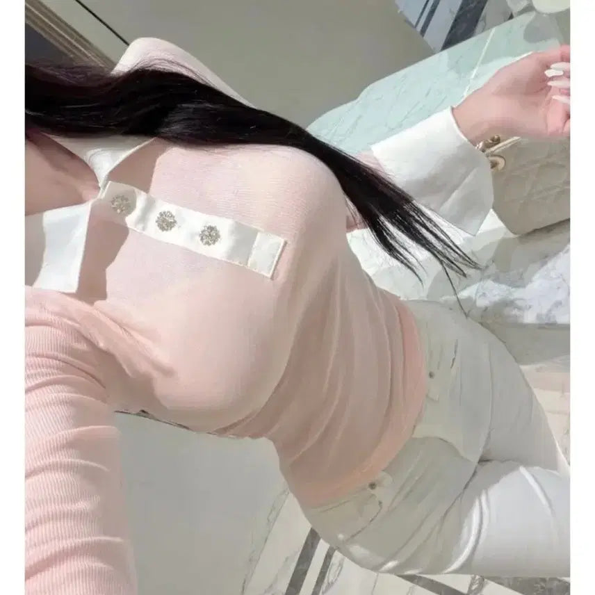 [BUNJANG] Cubic Silk Satin Collar Knit / 큐빅 실크 새틴 카라 니트 하객룩 홀복 파티룩