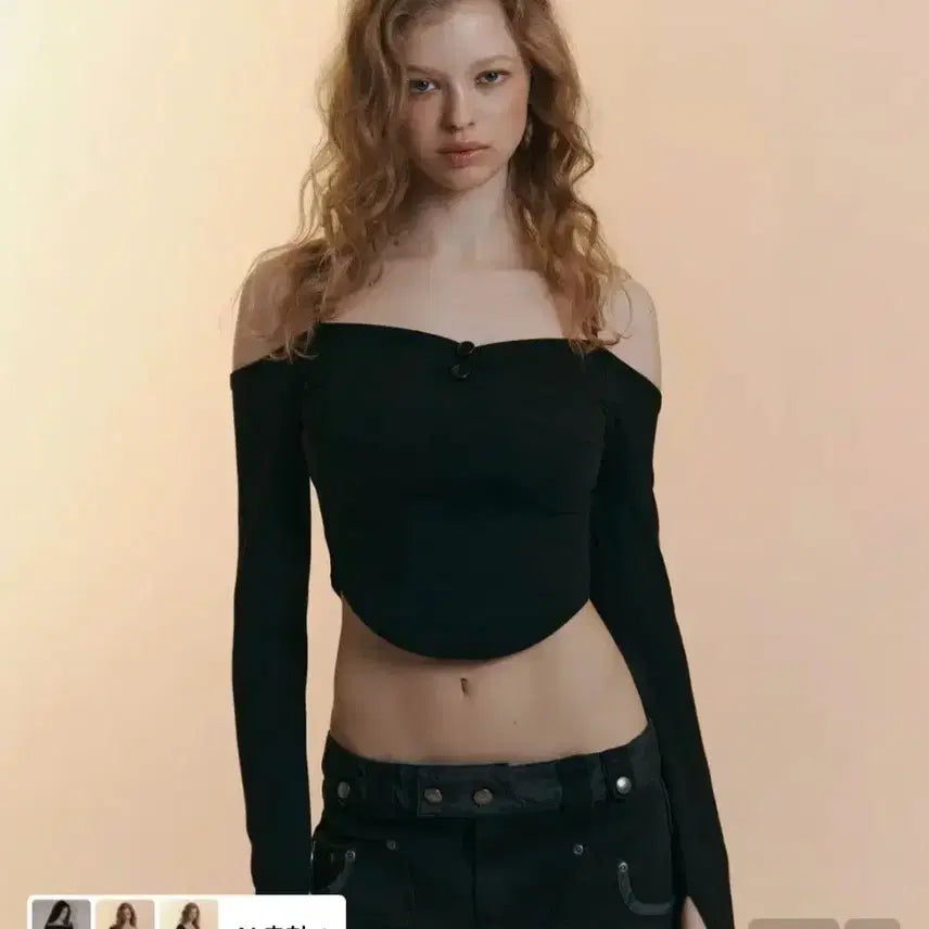 [BUNJANG] Pleasenofollow Black Off-Shoulder Button Long Sleeve Top / 플리즈노팔로우 pleasenofollow 블랙 오프숄더 버튼 롱 슬리브