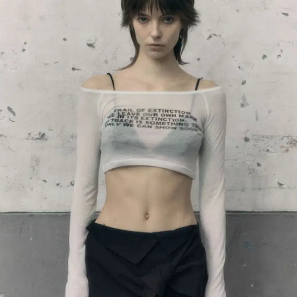 [BUNJANG] Bohemian Seoul Printed Long Sleeve Crop Top White / 보헤미안서울 프린티드 롱슬리브 화이트 크롭