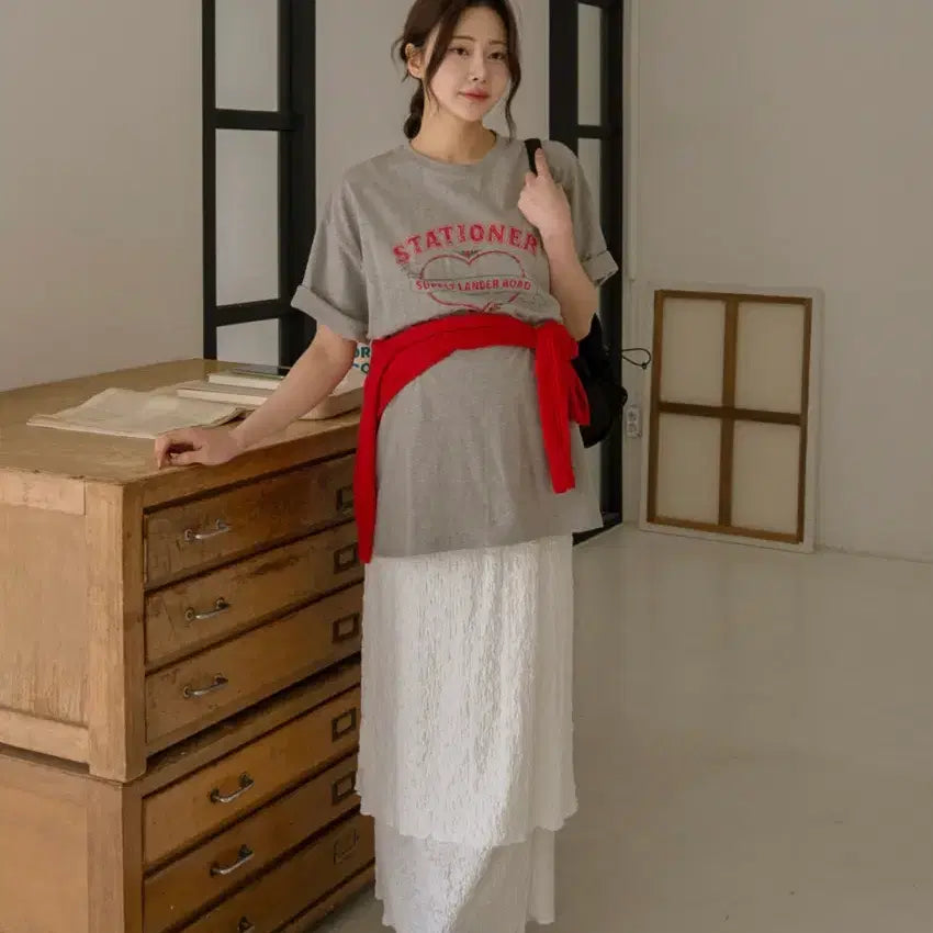 [BUNJANG] Maternity Outfit Set: Oversized T-shirt + Layered Maternity Skirt / 임부복코디세트 넉넉박스티+레이어드임산부스커트