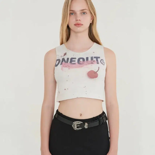 [BUNJANG] ODD ONE OUT Cherry Crop Sleeveless T-Shirt / 오드원아웃 크롭 나시 티셔츠 체리 민소매