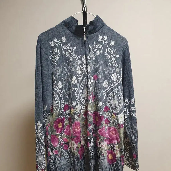 [BUNJANG] Women's Grey Floral Zip-Up T-Shirt M~L / (새상품)그레이 플라워 패턴 여성 집업 티셔츠 M~L