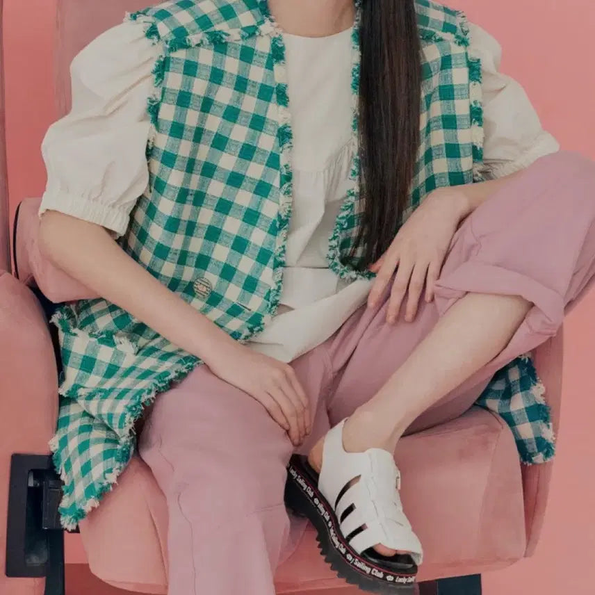 [BUNJANG] Lucky Chouette Check Tweed Vest Green Ivory Summer Jacket / 22년 럭키슈에뜨 체크 트위드 베스트 조끼 그린초록아이보리 여름 자켓