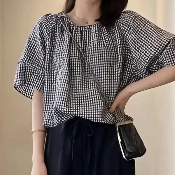 [BUNJANG] High-Density Check Short-Sleeve Blouse T-shirt / 새상품 고방 체크 반팔 블라티