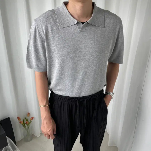 [BUNJANG] Men's Grey Semi-Open Summer Short-Sleeve Knit / 남자 그레이 반오픈 썸머 반팔 니트
