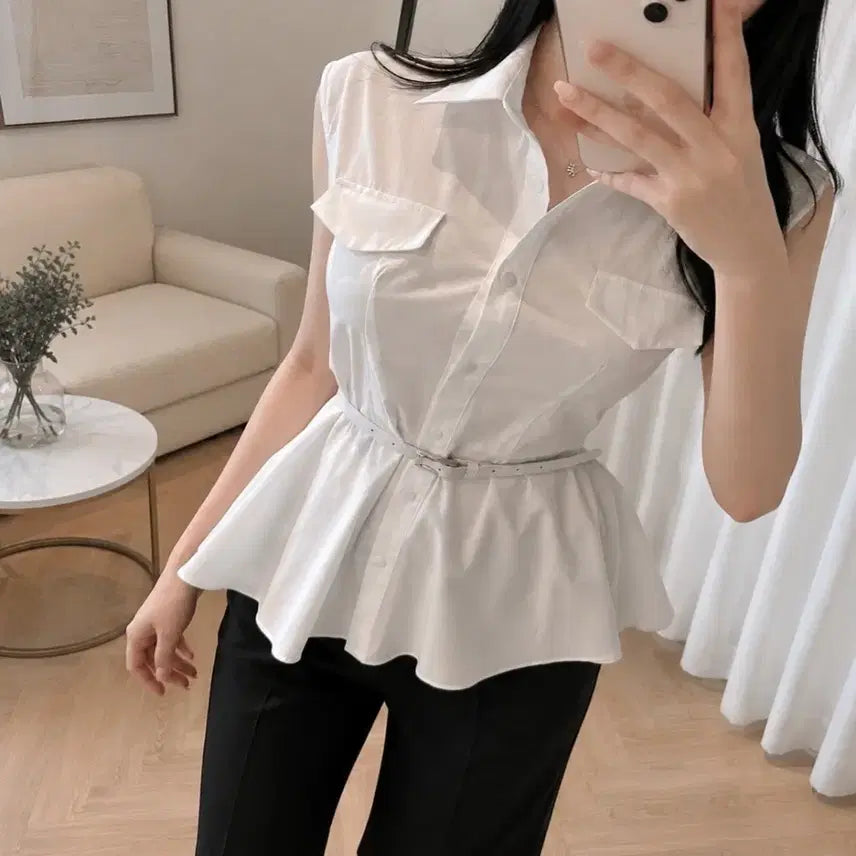 [BUNJANG] Peplum Belt Shirt (White/Sky Blue) / 페플럼 벨트 셔츠 (화이트/소라)ㅡ무배