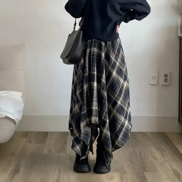 [BUNJANG] Unique Asymmetrical Cut Check Long Skirt / 체크 롱 스커트 언발란스 컷팅