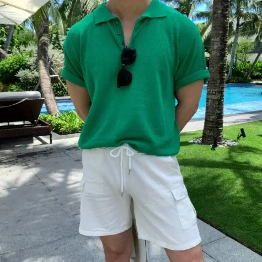 [BUNJANG] Ice Boucle Collar Short Sleeve Knit - Green / (새제품) 아이스 부클 카라 반팔니트 그린컬러
