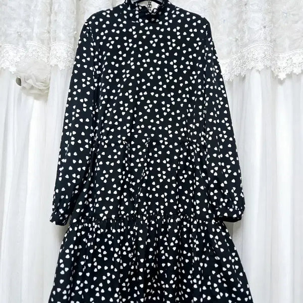 [BUNJANG] Heart Pattern Long Dress Black / 하트 패턴 롱 원피스 블랙
