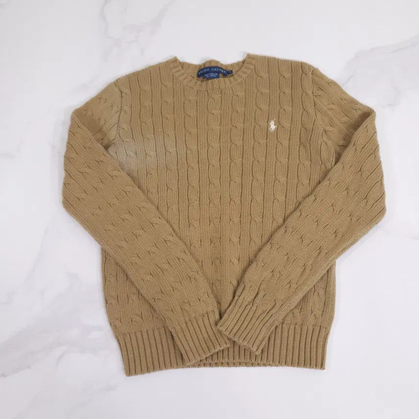 [BUNJANG] Polo Ralph Lauren Deep Beige Cotton Cable Knit Sweater (S) / 폴로 랄프로렌 딥베이지 코튼 케이블 라운드 니트 S