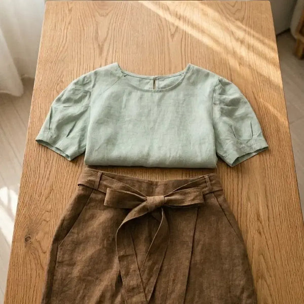 [BUNJANG] Linen Puff Sleeve Ribbon Blouse (Mint/Sky Green) / 내추럴 린넨 퍼프소매 리본 블라우스 (민트/소라그린)