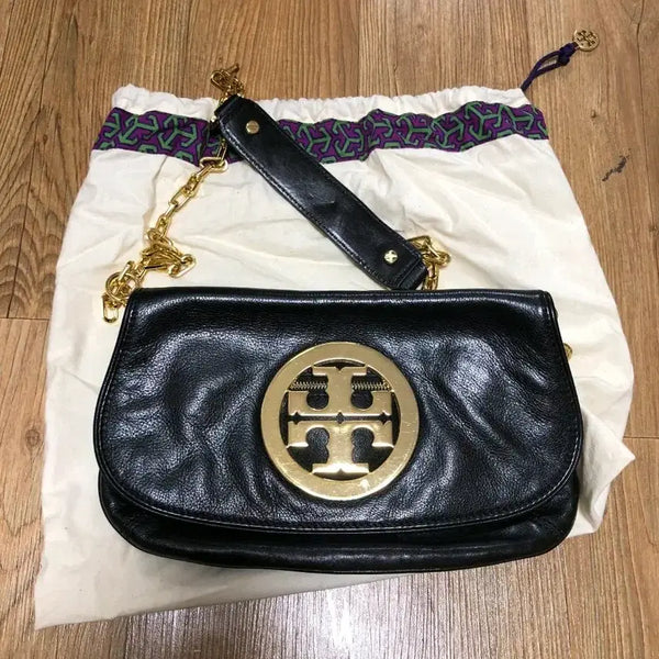[BUNJANG] Tory Burch Black Leather Gold Logo Chain Shoulder Bag / 토리버치 블랙 레더 금장 로고 체인 숄더백