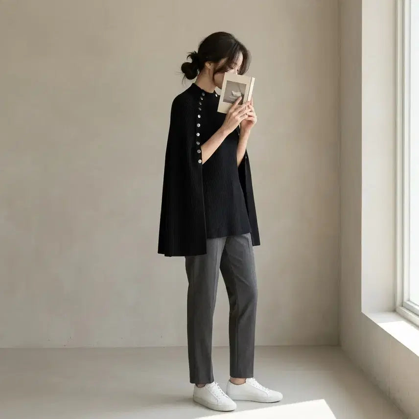 [BUNJANG] Maje Genuine Silver Button Knit Cape / 마쥬 정품 실버 버튼 니트 망토 케이프 ~55