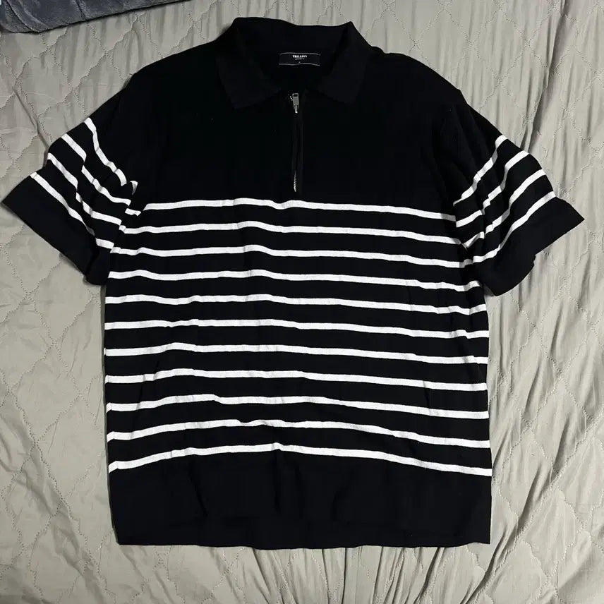 [BUNJANG] Trillion Sprite Striped Short Zip-Up Knit Black / 트릴리온 스프라이트 반팔집업 M 단가라 니트 블랙 무신사