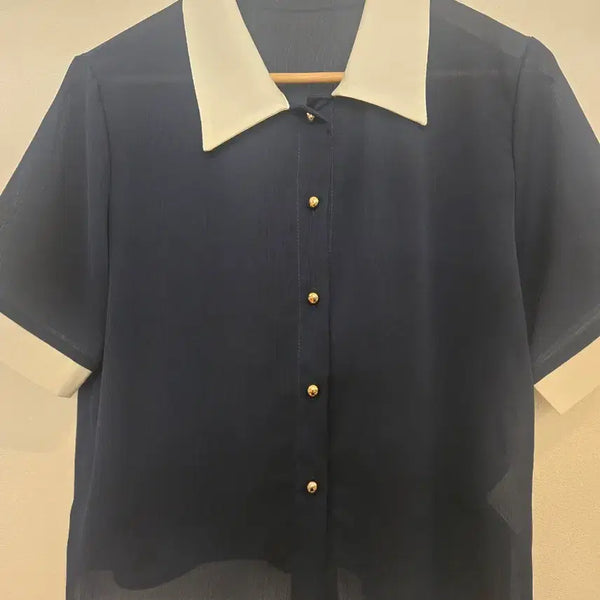 [BUNJANG] Navy White Collar See-through Blouse / 네이비 화이트 카라 시스루 블라우스(새상품)