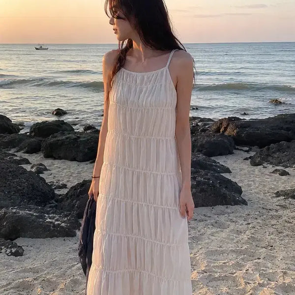 [BUNJANG] Ivory Long Dress Ruffled Wave Chiffon Dress Holiday Look / 아이보리 롱 원피스 캉캉 물결 쉬폰원피스 휴가룩