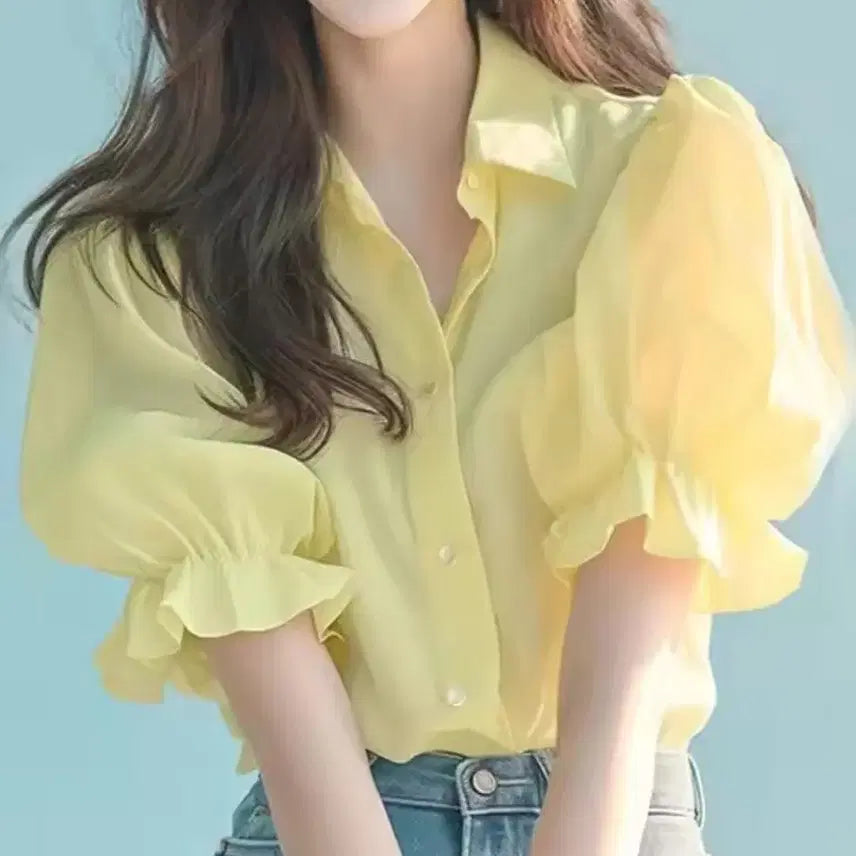 [BUNJANG] Yellow Chiffon Puff Short Sleeve Blouse Shirt / 옐로우 쉬폰 블라우스 퍼프 반팔 셔츠