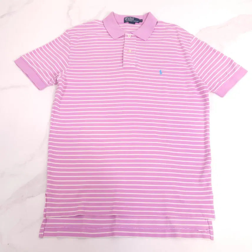 [BUNJANG] Polo Ralph Lauren Pink Stripe Short Sleeve Polo Shirt / 폴로 랄프로렌 핑크 스트라이프 반팔 카라티 95