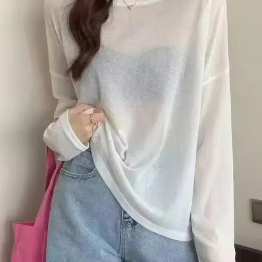 [BUNJANG] Sheer Long Sleeve T-Shirt - White / 여름 시스루 긴팔 티셔츠 화이트