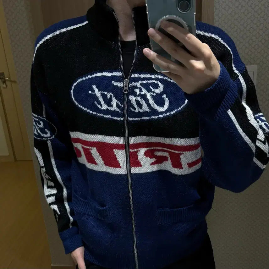 [BUNJANG] CRITIC Motorsport Racing Jacquard Knit Zip-Up Cardigan / [M] 크리틱(CRITIC) 모터스포츠 레이싱 자카드 니트 집업 가디