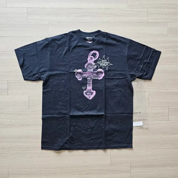 [BUNJANG] Life is Unfair Pink Cross Punk Short Sleeve T-Shirt XL / XL 새제품) Life is Unfair 핑크 십자가 펑크 반팔 티셔츠