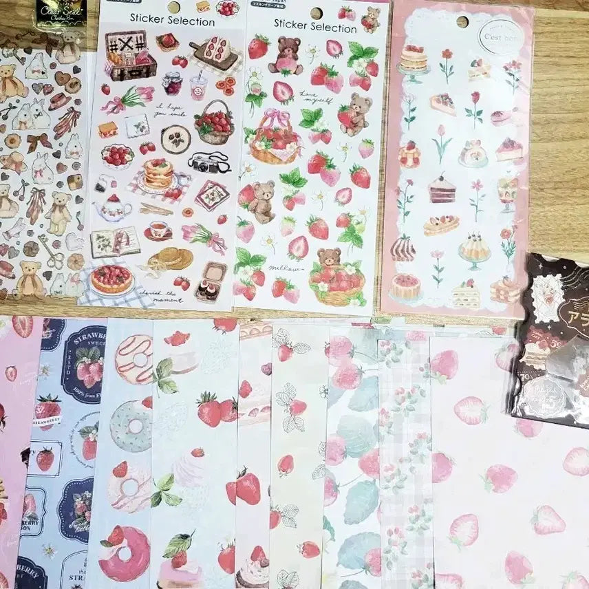 [BUNJANG] Gaia, Mind Wave, Amifa Strawberry Stickers & Design Paper Set / 다꾸) 가이아, 마인드웨이브, 아미파 딸기 스티커, 디자인 페이퍼
