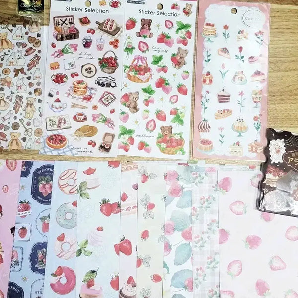 [BUNJANG] Gaia, Mind Wave, Amifa Strawberry Stickers & Design Paper Set / 다꾸) 가이아, 마인드웨이브, 아미파 딸기 스티커, 디자인 페이퍼