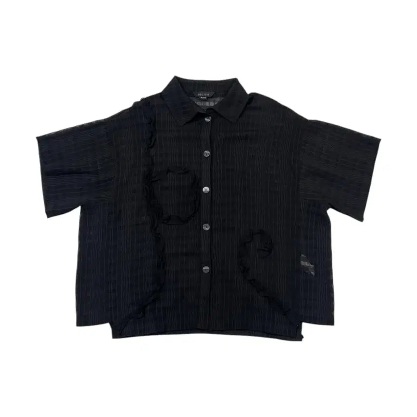 [BUNJANG] Decider Black Frill See-through Short Sleeve Blouse / 데시데 DECIDER 블랙 프릴 시스루 반팔셔츠블라우스 88-94-160