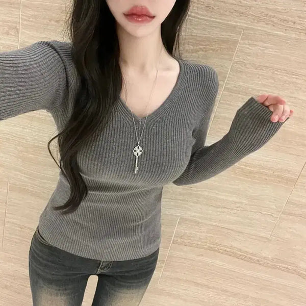 [BUNJANG] V-Neck Ribbed Long Sleeve Knit - Charcoal / (새상품 포장그대로)  브이넥 골지 긴팔 티셔츠 차콜 손나은 니트