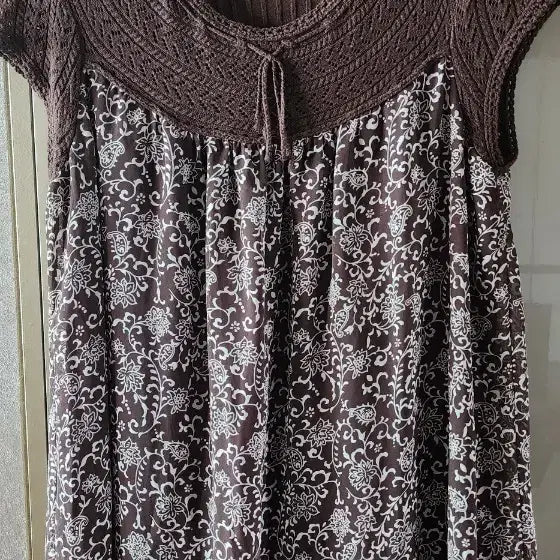 [BUNJANG] GANIEI Brown Pattern Short Sleeve Dress / 일본 빈티지 모리걸 보헤미안 스타일 GANIEI 갈색 패턴 반팔 원피스