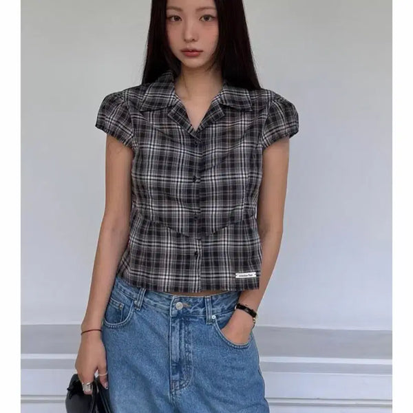 [BUNJANG] Overdue Flare Cap Sleeve Check Blouse / 오버듀플레어 cap sleeve check 블라우스 / 새제품