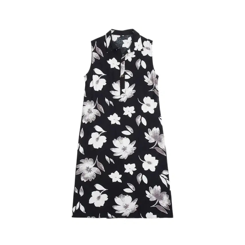 [BUNJANG] Women's Sleeveless Flower Shirt Dress / 여성F / 심플리 민소매 플라워 셔츠원피스NV 12-15