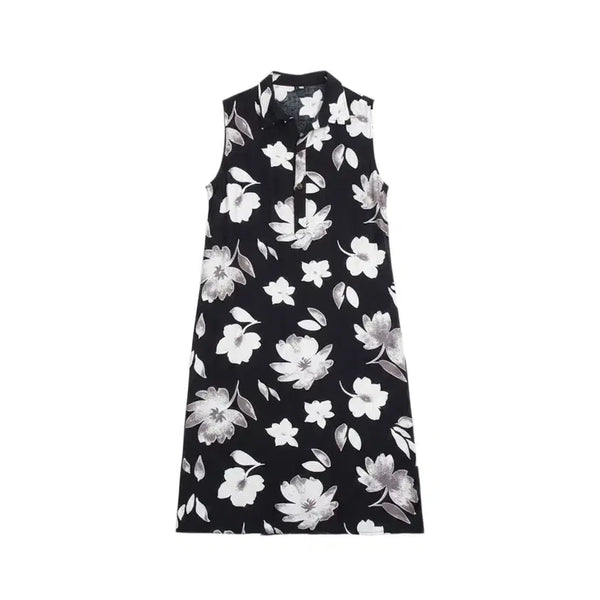 [BUNJANG] Women's Sleeveless Flower Shirt Dress / 여성F / 심플리 민소매 플라워 셔츠원피스NV 12-15