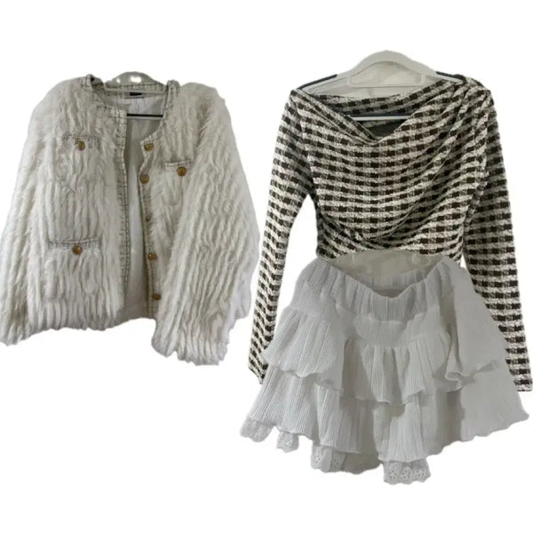 [BUNJANG] 3-Piece Set: Tweed Faux Fur Jacket, Pearl Off-Shoulder Top, Lace Layered Mini Skirt / 연말 코디 쓰리세트